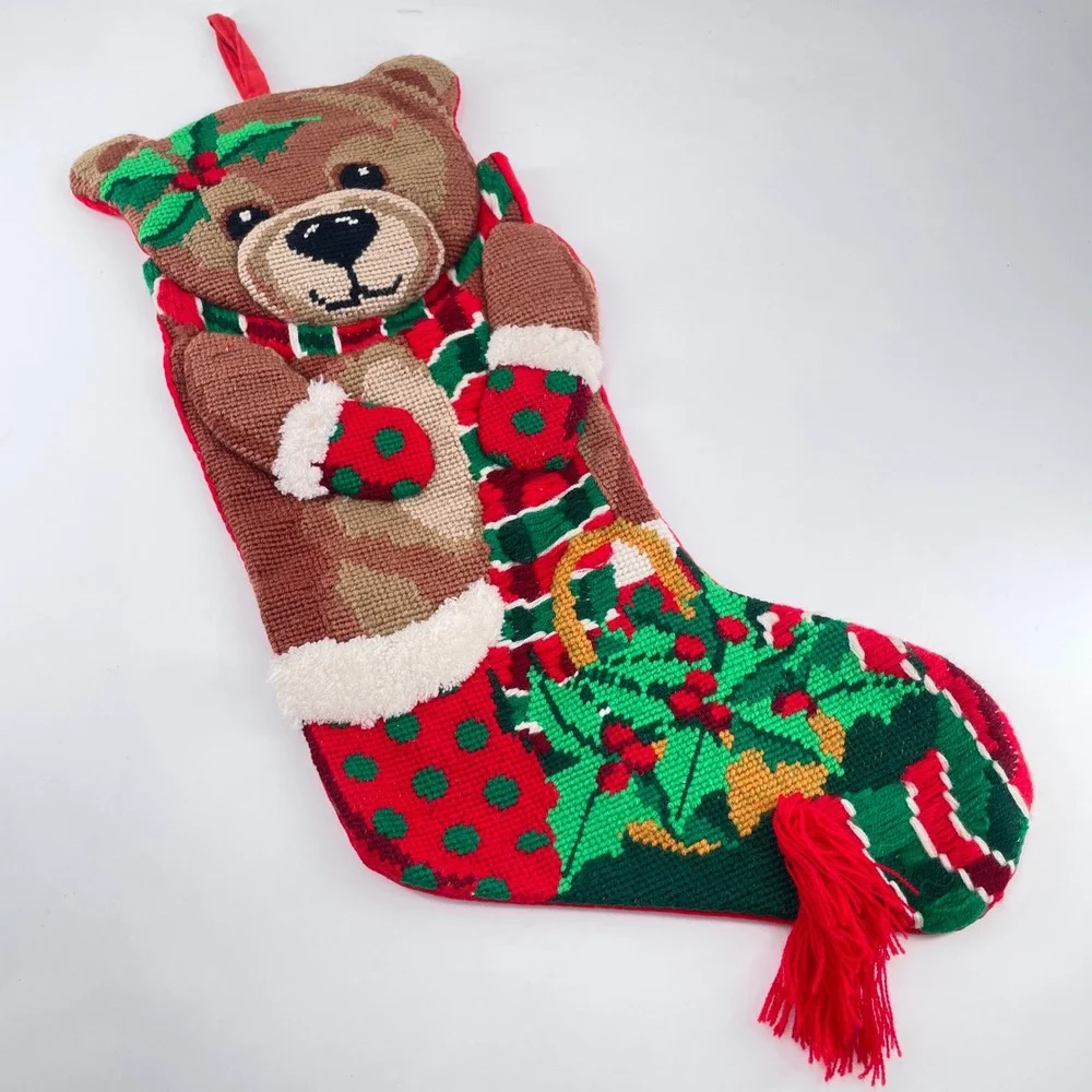 Needlepoint Childs Christmas Stocking Teddy Bear Puffy Red Velvet Tassel 18 Inch